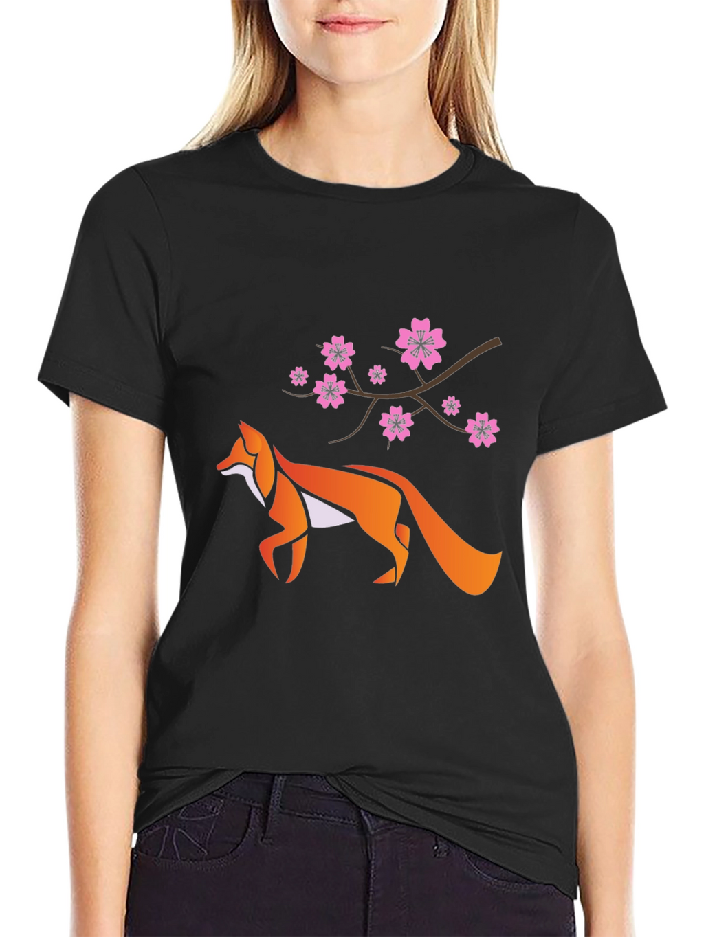 Fox & Cherry Blossom Graphic Black T-Shirt