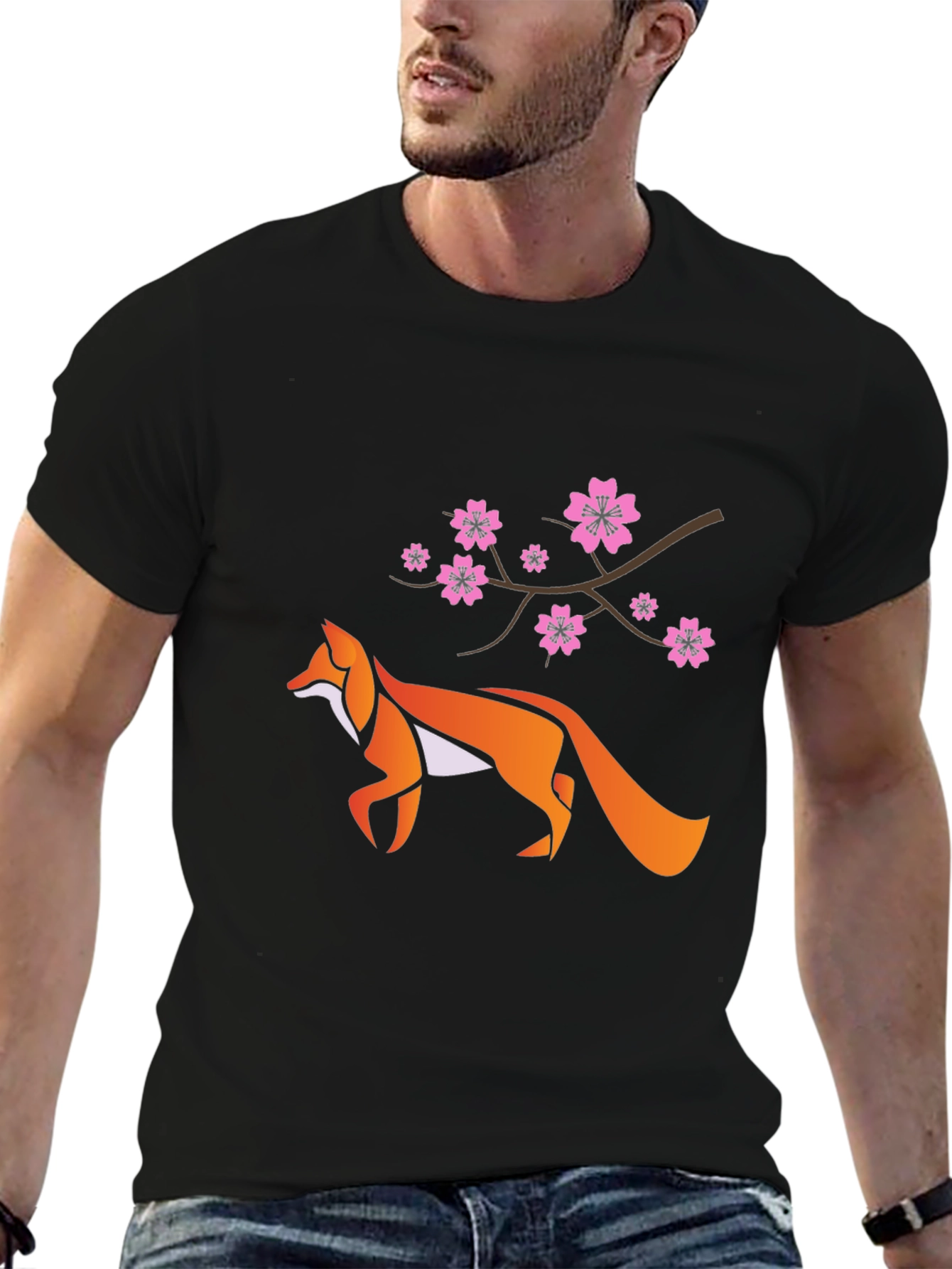 Fox & Cherry Blossom Graphic Black T-Shirt