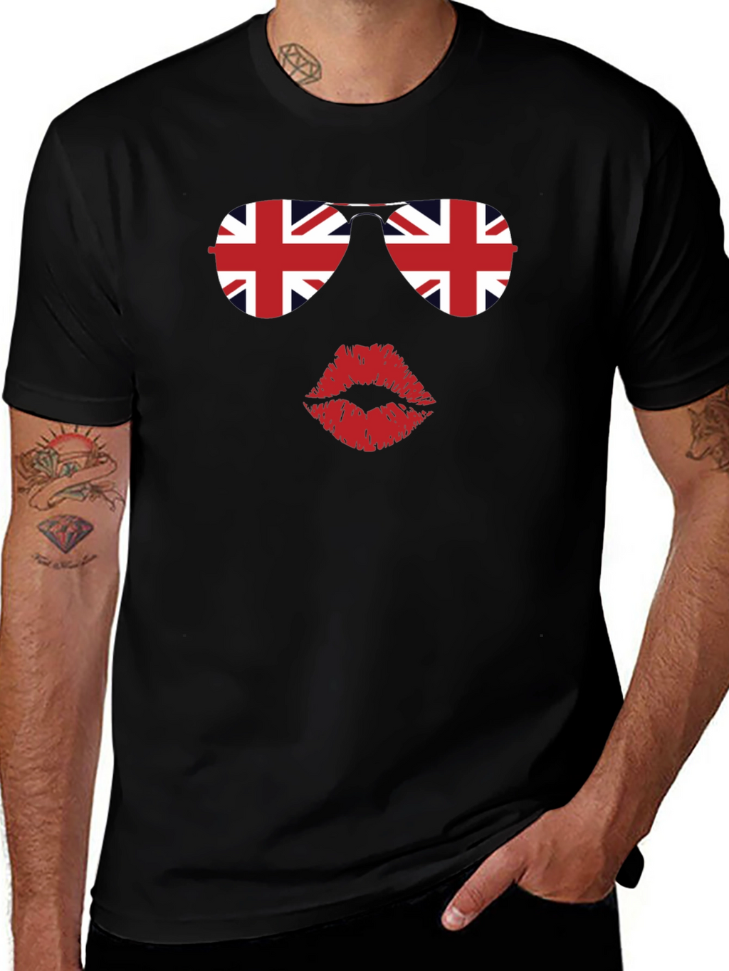Union Jack Sunglasses and Lips Graphic T-Shirt