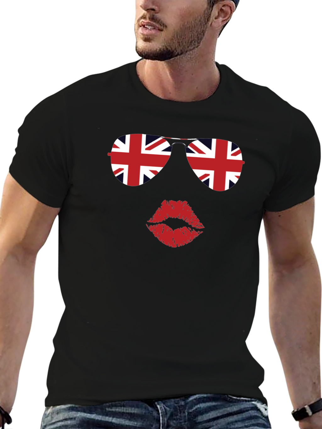 Union Jack Sunglasses and Lips Graphic T-Shirt