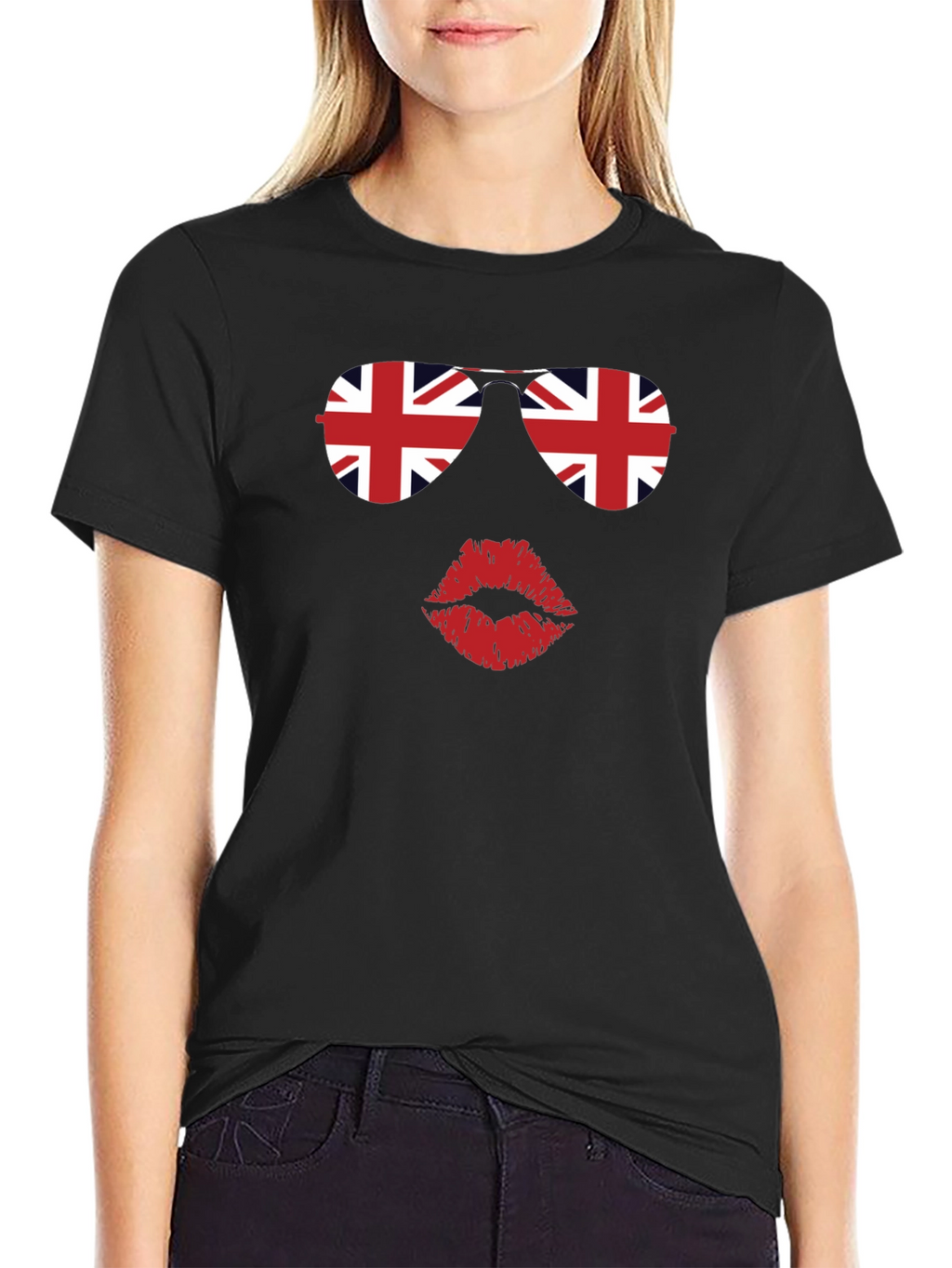 Union Jack Sunglasses and Lips Graphic T-Shirt