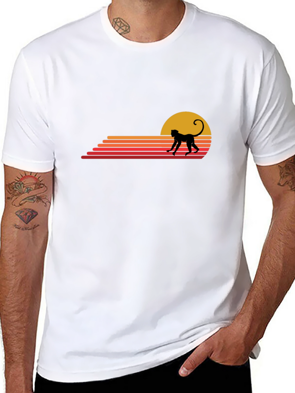 Retro Monkey Sunset Graphic Tee - Casual Black T-Shirt