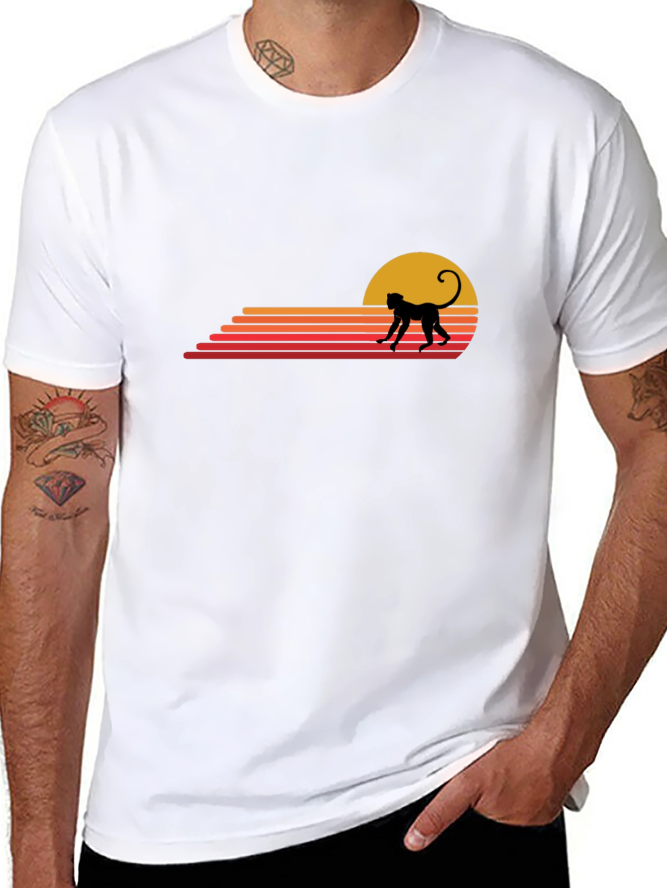 Retro Monkey Sunset Graphic Tee - Casual Black T-Shirt
