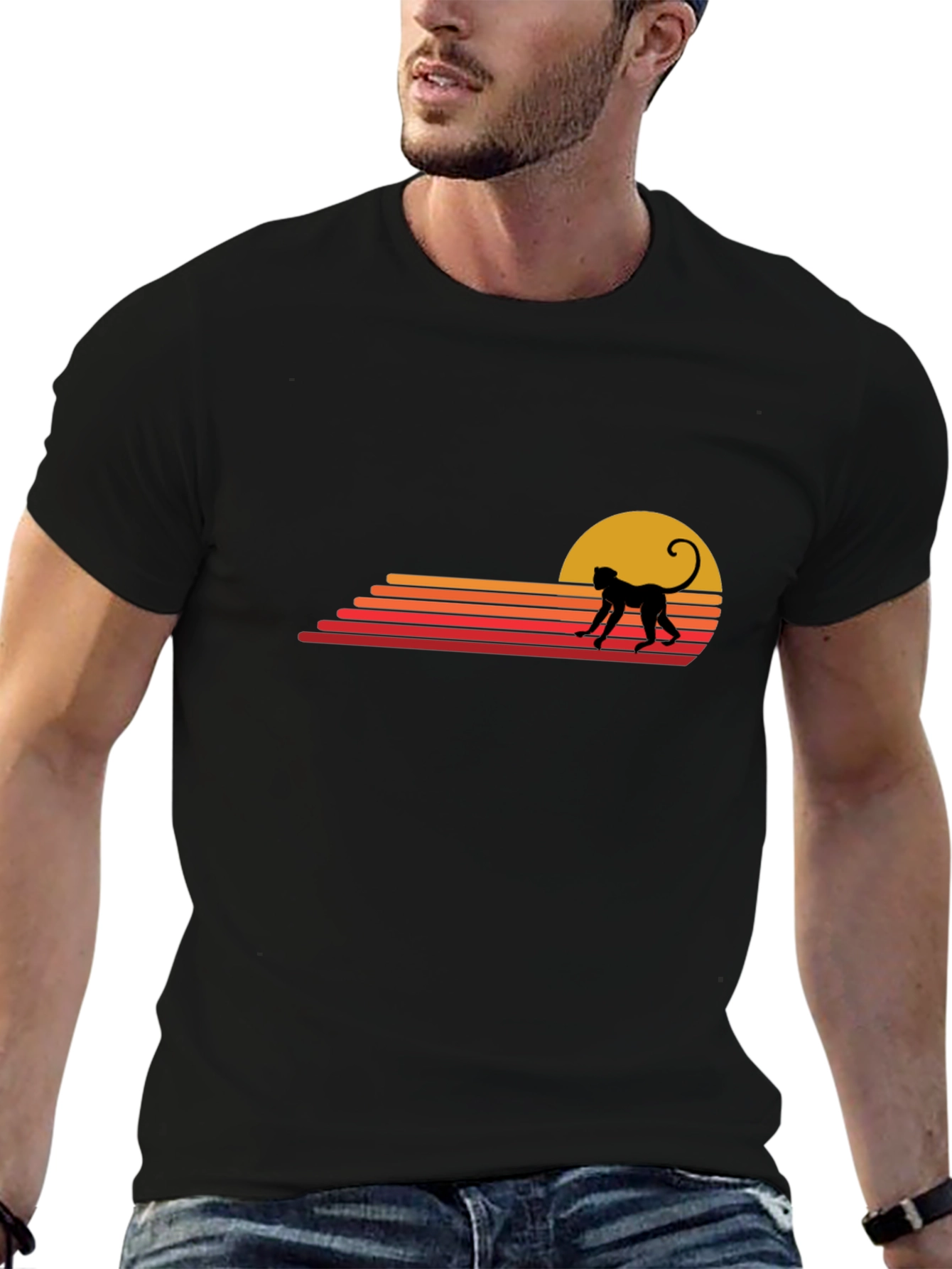 Retro Monkey Sunset Graphic Tee - Casual Black T-Shirt