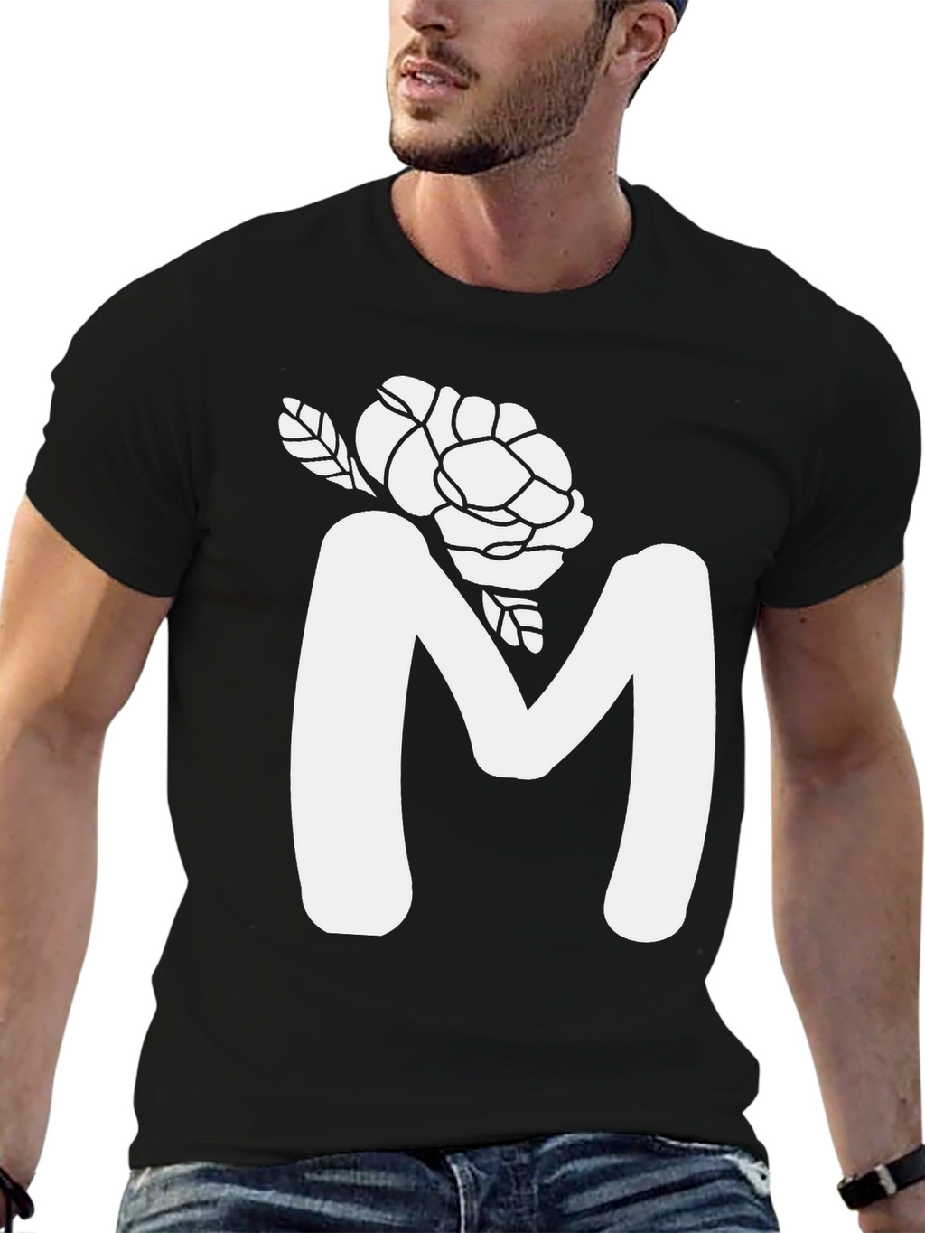 Floral M Initial T-Shirt - Black Cotton Tee