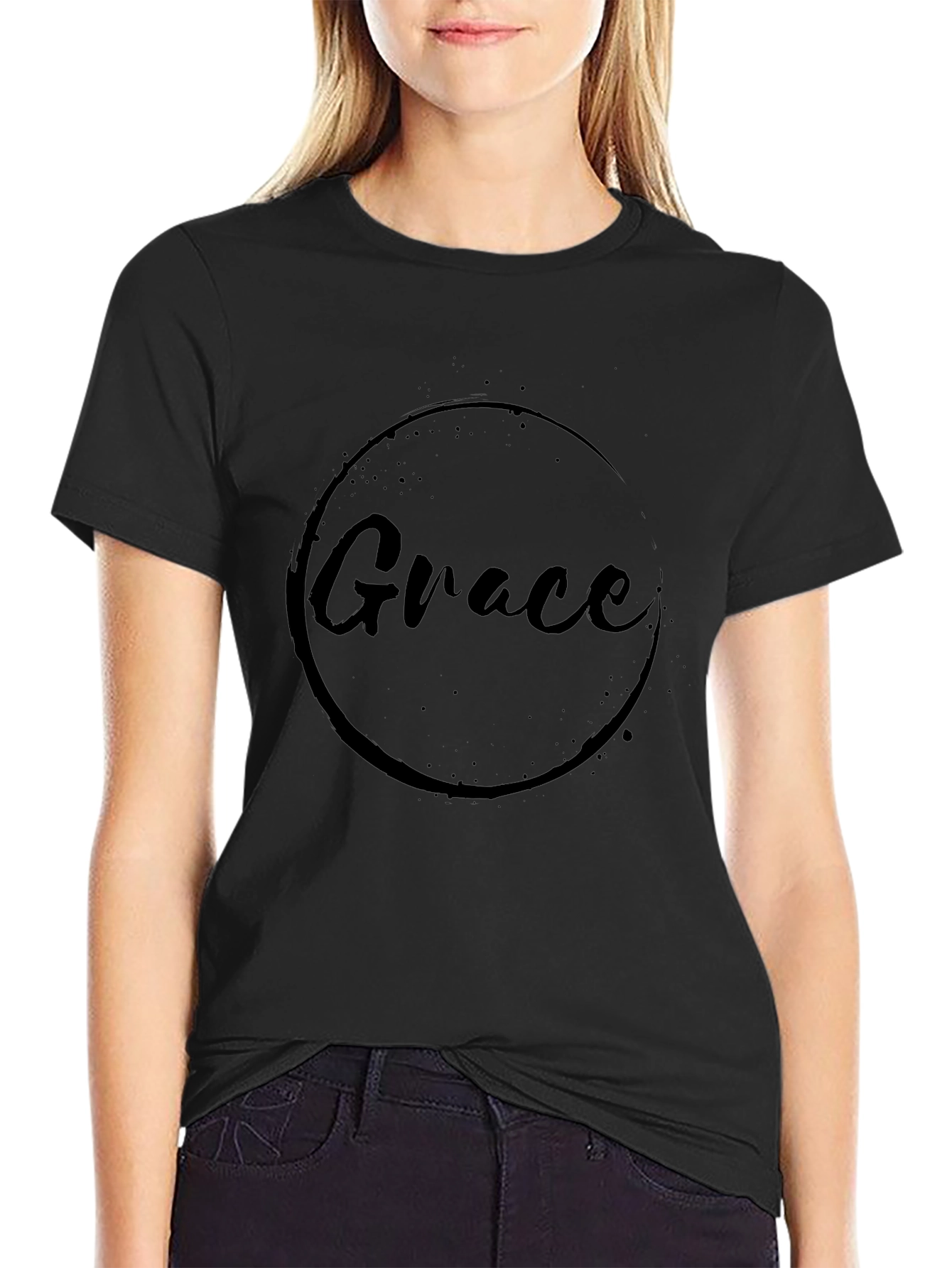 Grace Graphic Black T-Shirt - Classic Crew Neck