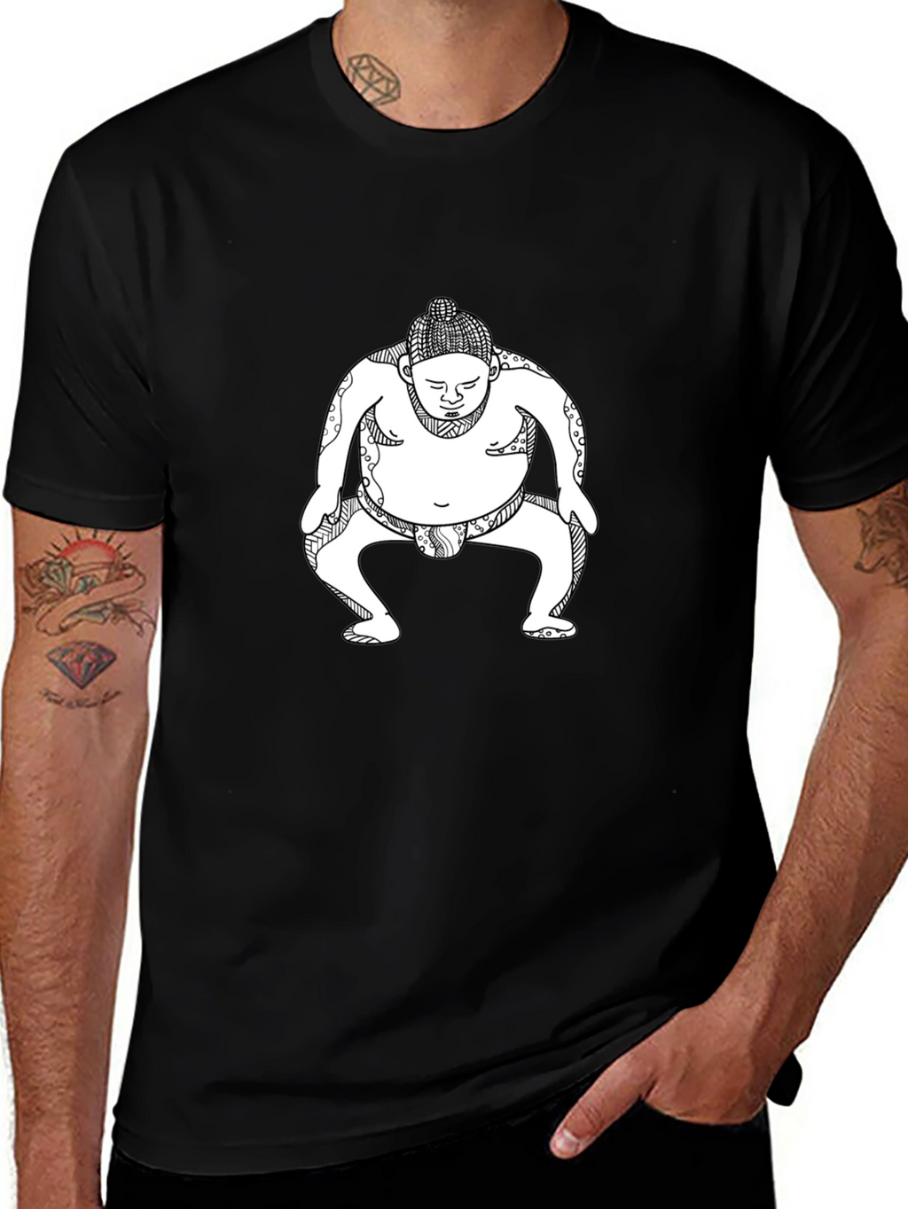 Sumo Wrestler Graphic Tee - Black Cotton T-Shirt