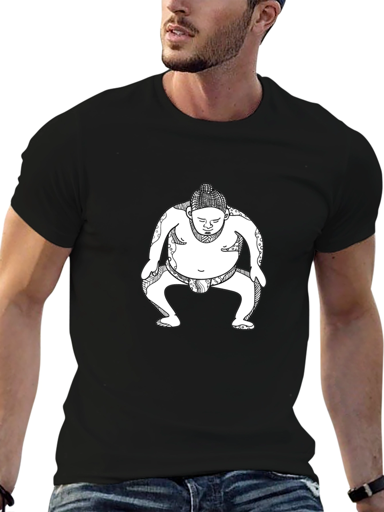 Sumo Wrestler Graphic Tee - Black Cotton T-Shirt