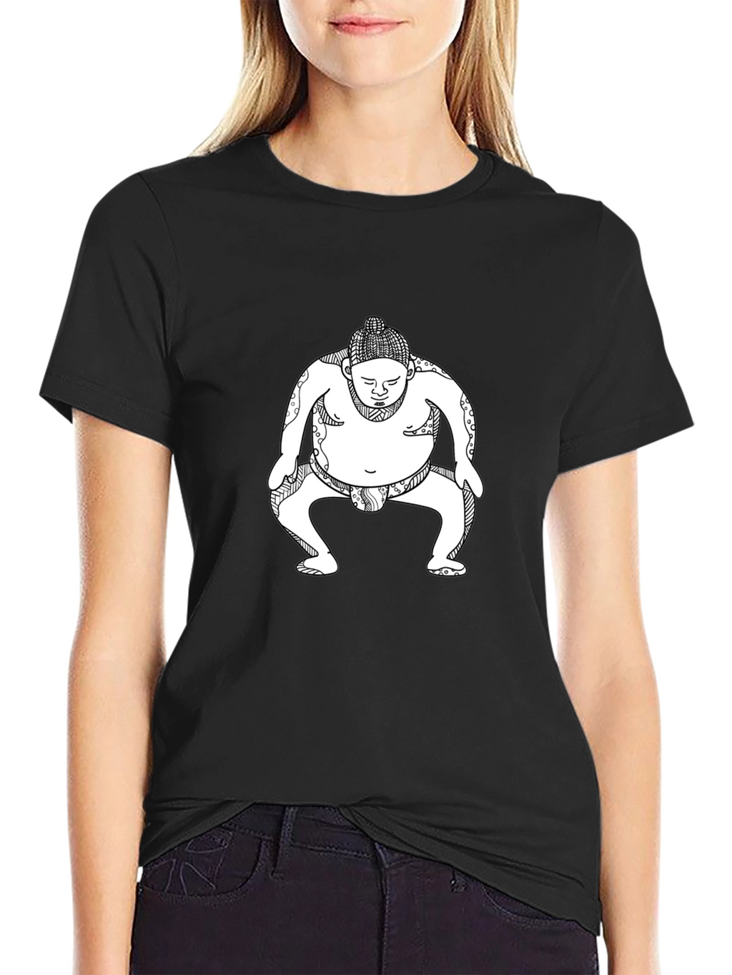 Sumo Wrestler Graphic Tee - Black Cotton T-Shirt