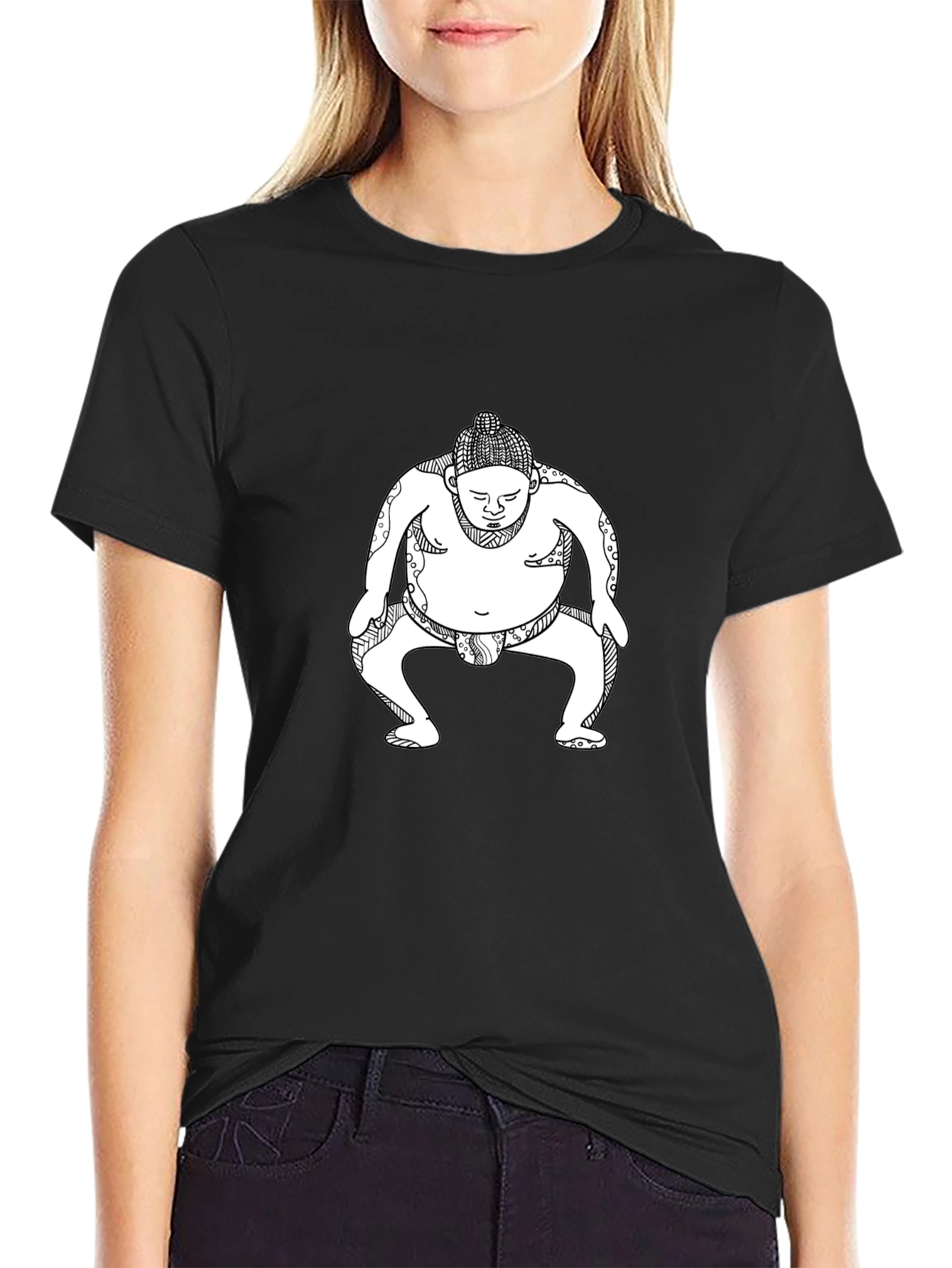 Sumo Wrestler Graphic Tee - Black Cotton T-Shirt