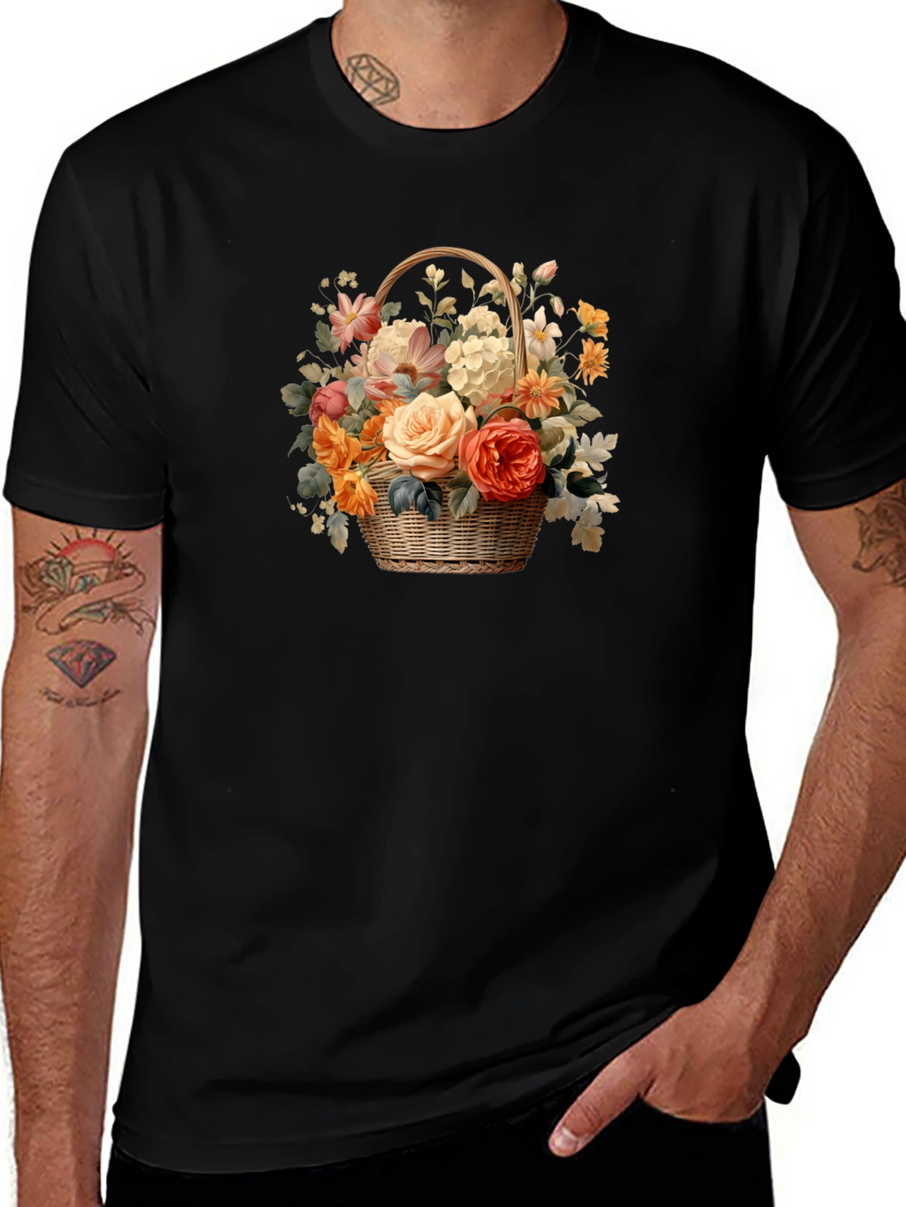 Floral Basket Graphic Tee - Black Unisex T-Shirt