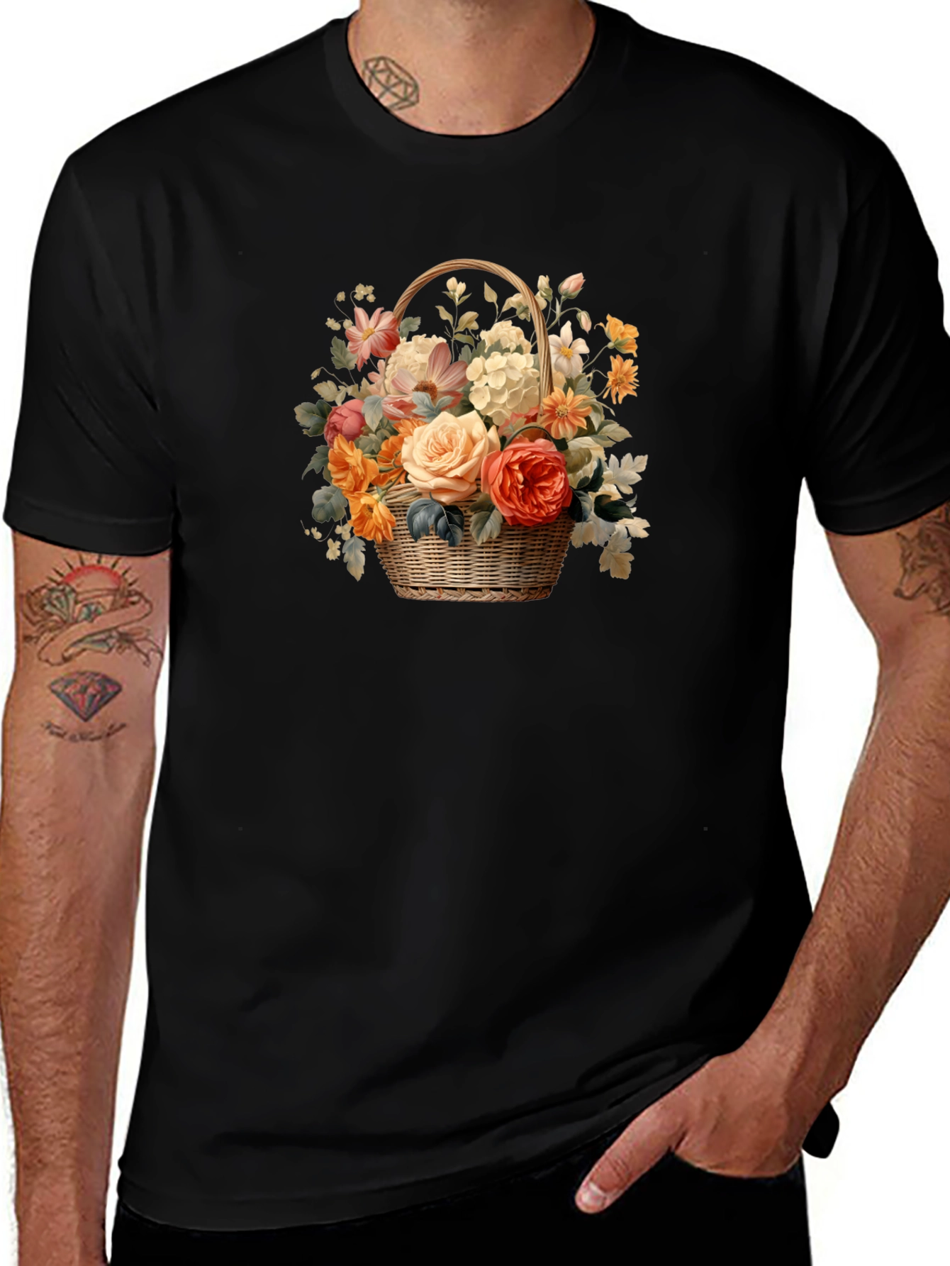 Floral Basket Graphic Tee - Black Unisex T-Shirt