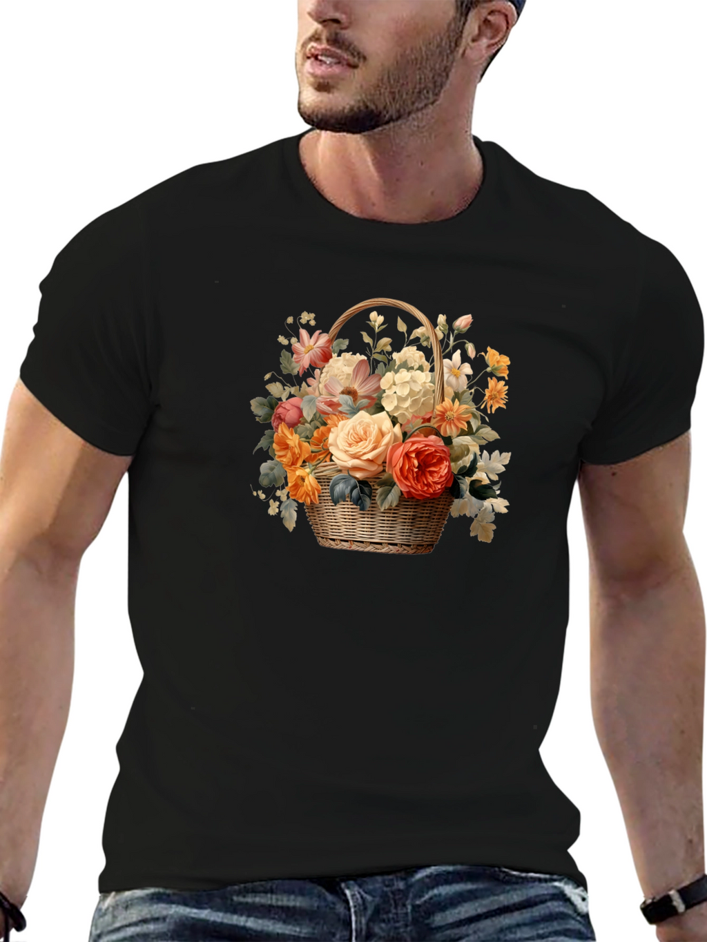 Floral Basket Graphic Tee - Black Unisex T-Shirt