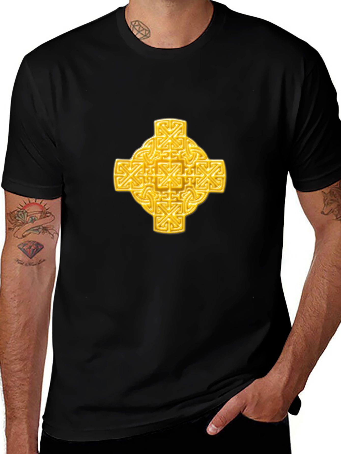 Celtic Knot Cross Graphic Tee - Black Cotton T-Shirt