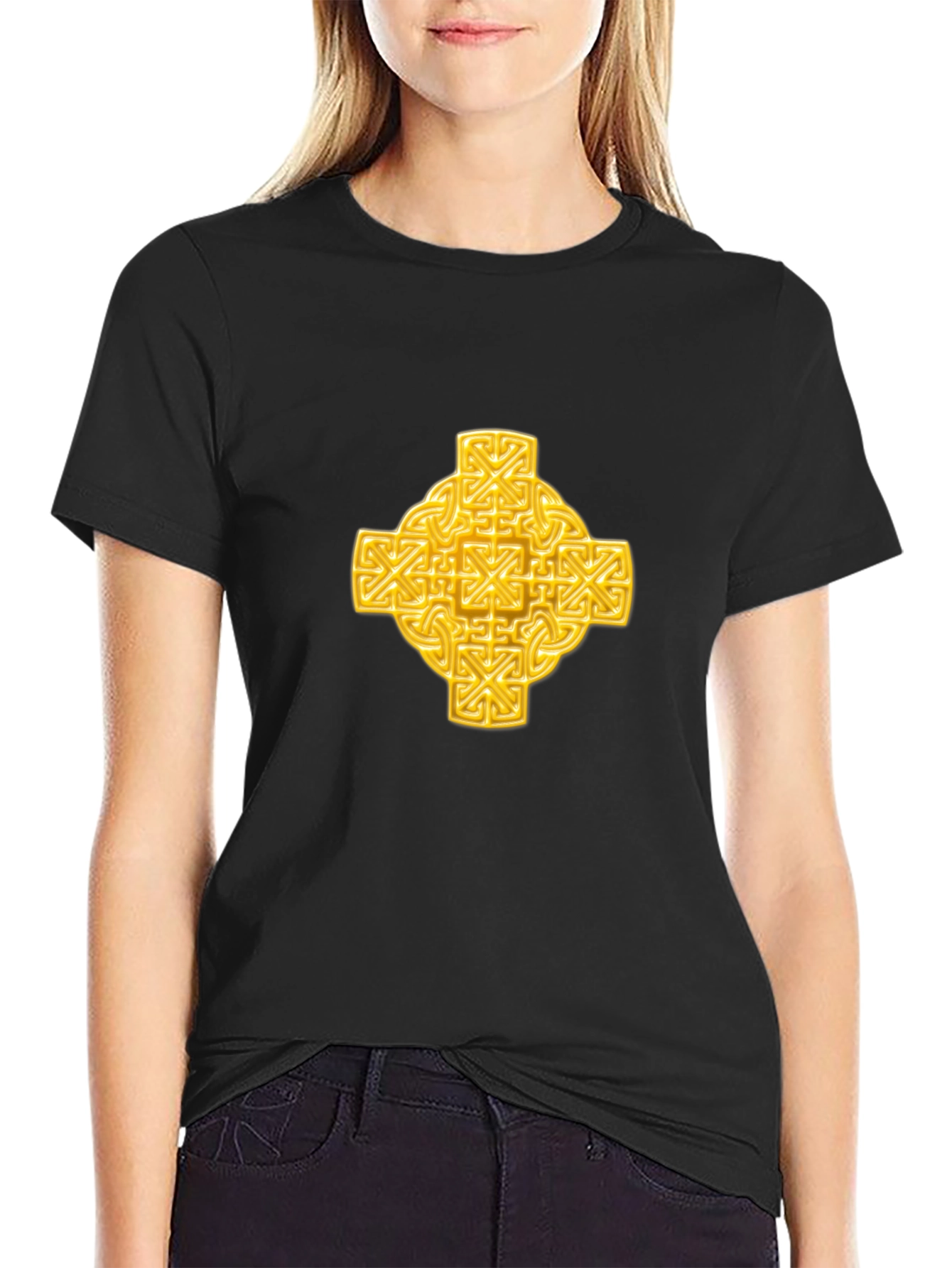Celtic Knot Cross Graphic Tee - Black Cotton T-Shirt