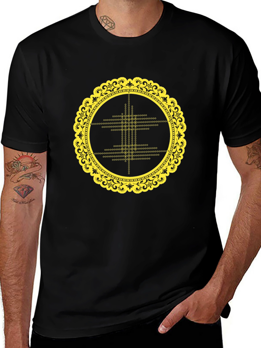 Black T-Shirt with Yellow Mandala Design