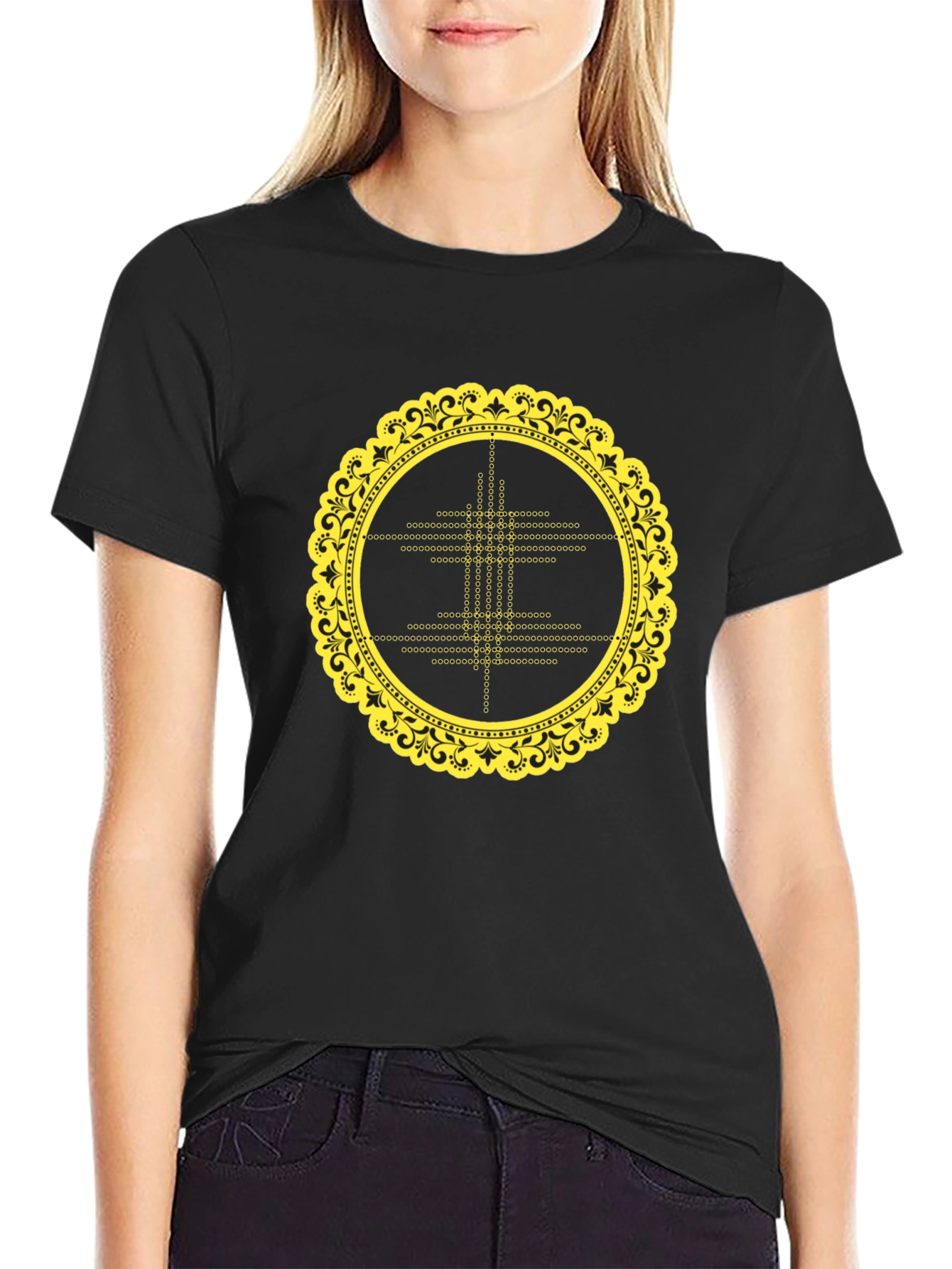 Black T-Shirt with Yellow Mandala Design