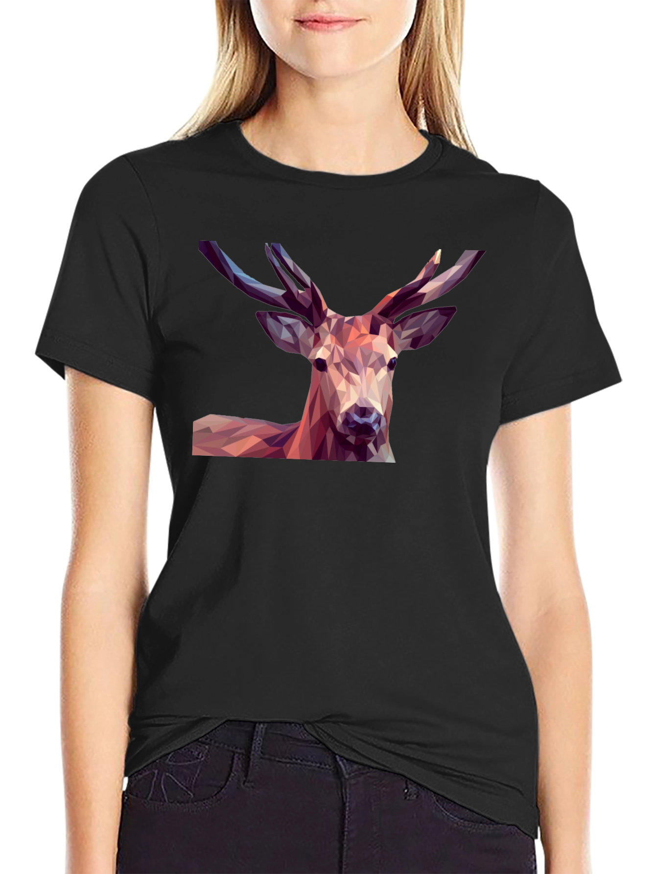 Geometric Deer Graphic Tee - Modern Mens Black T-Shirt