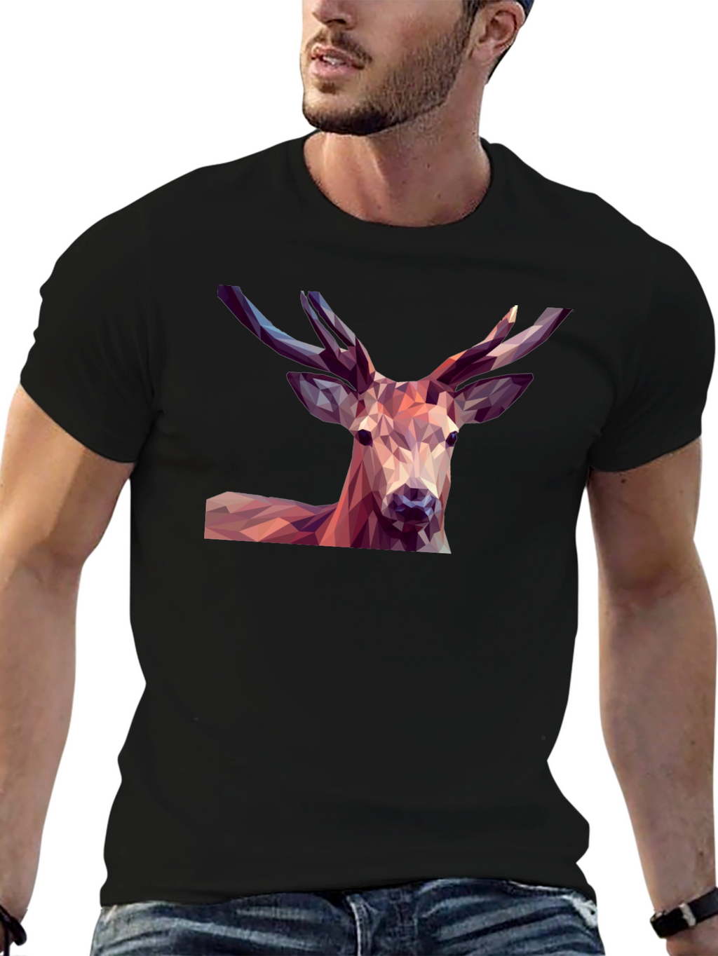 Geometric Deer Graphic Tee - Modern Mens Black T-Shirt