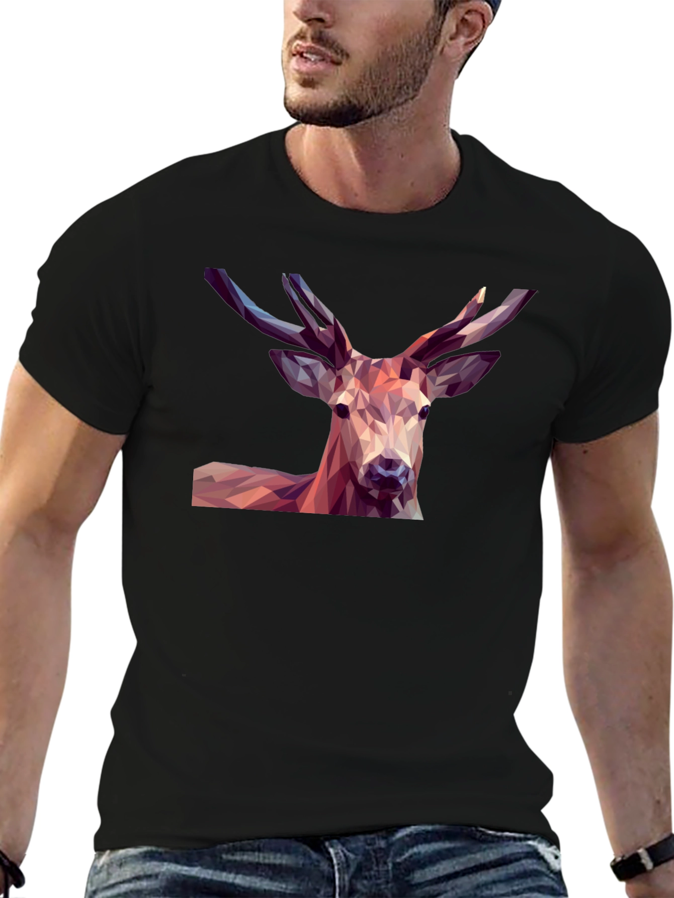 Geometric Deer Graphic Tee - Modern Mens Black T-Shirt