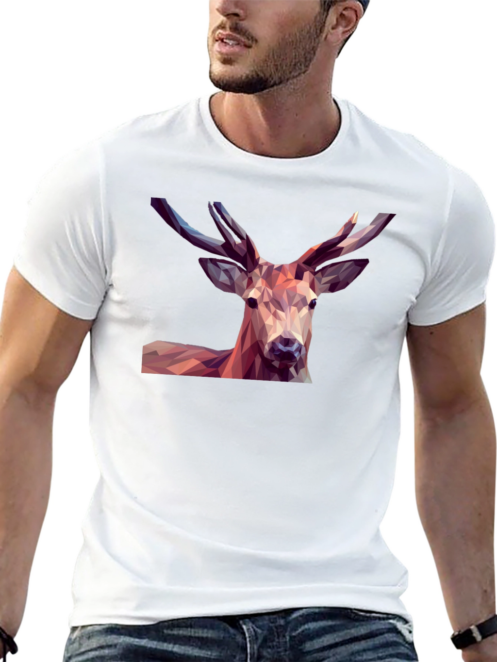 Geometric Deer Graphic Tee - Modern Mens Black T-Shirt