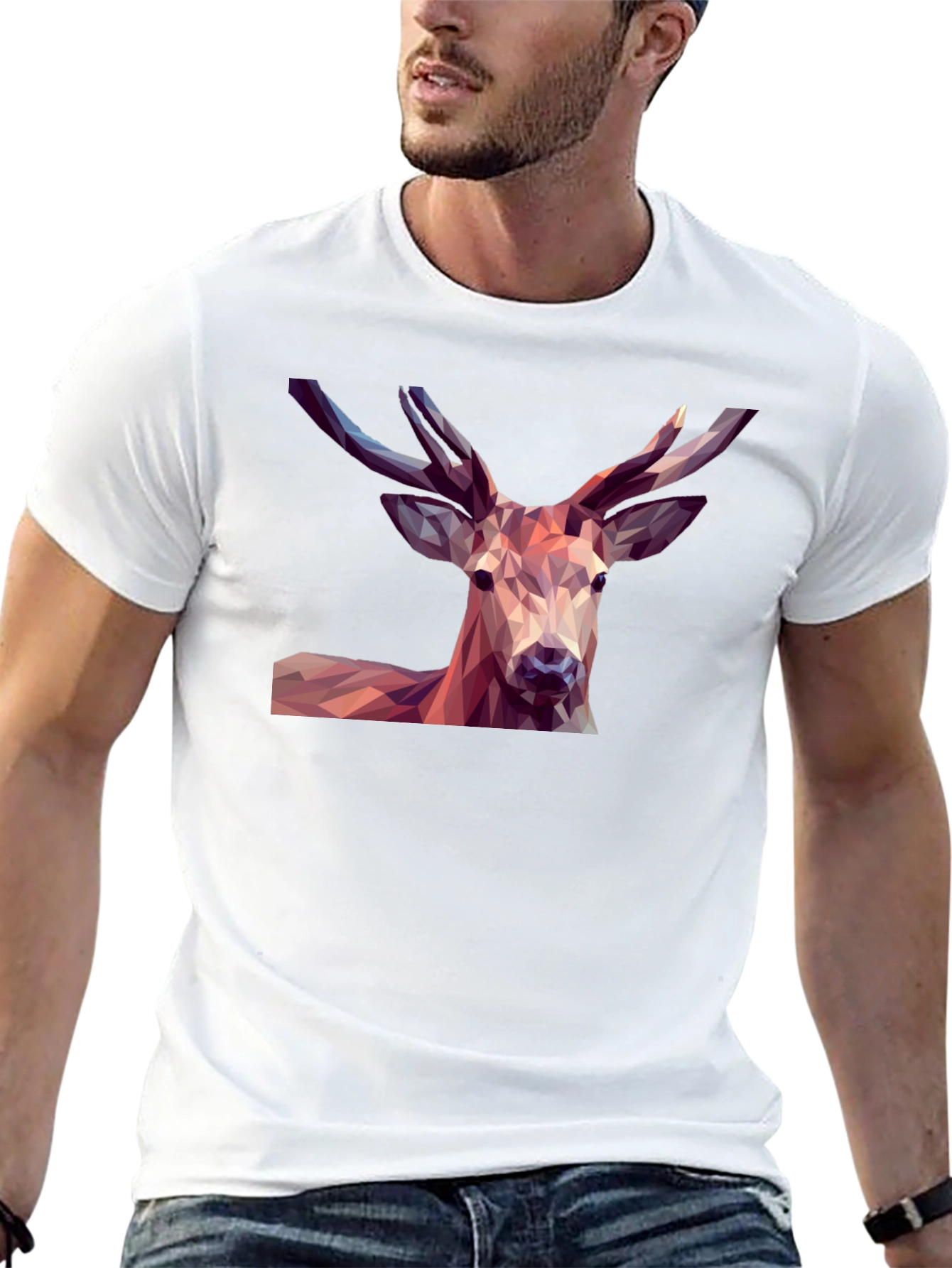 Geometric Deer Graphic Tee - Modern Mens Black T-Shirt