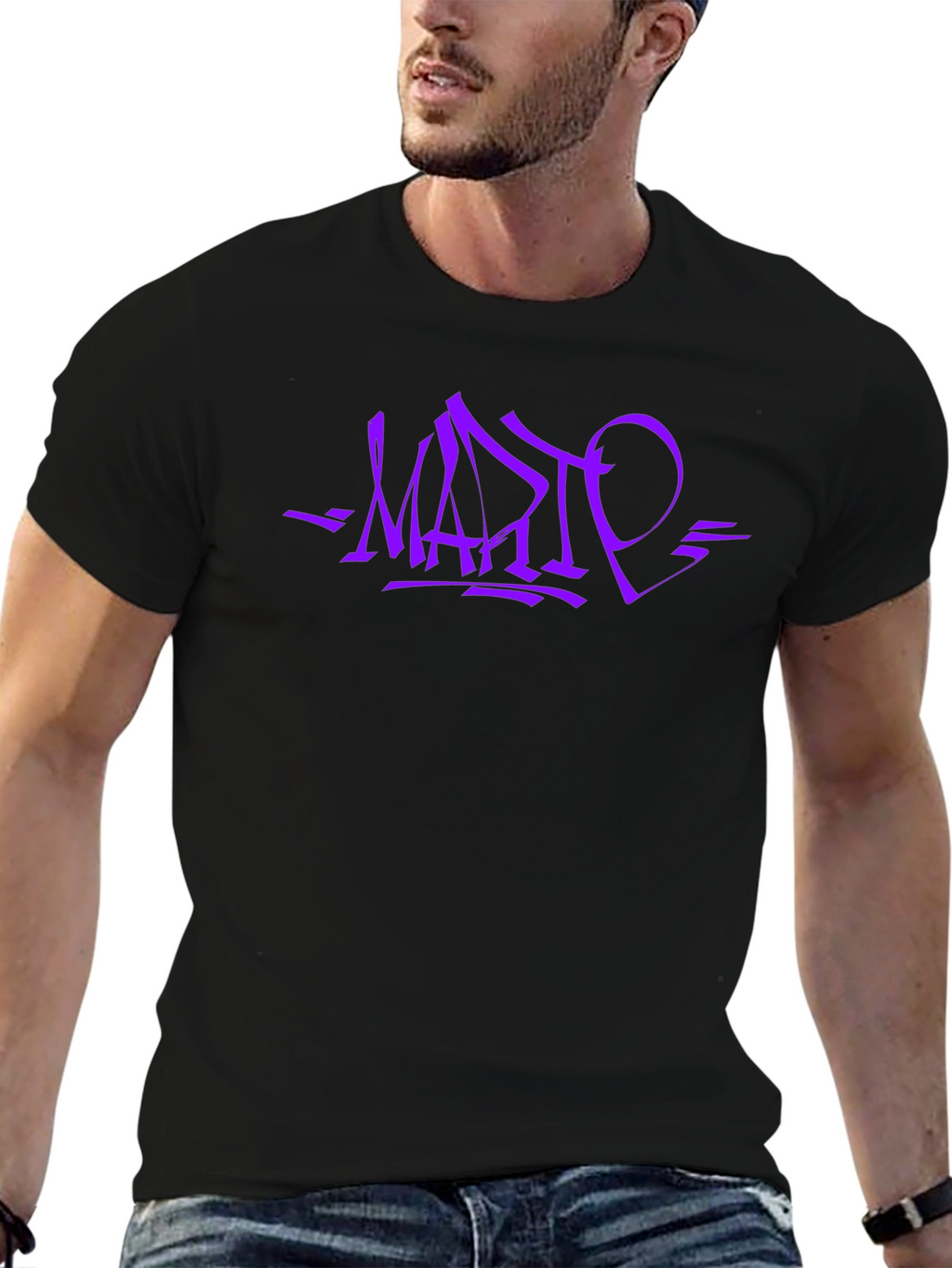 Stylish Black T-Shirt with Purple Graffiti Design