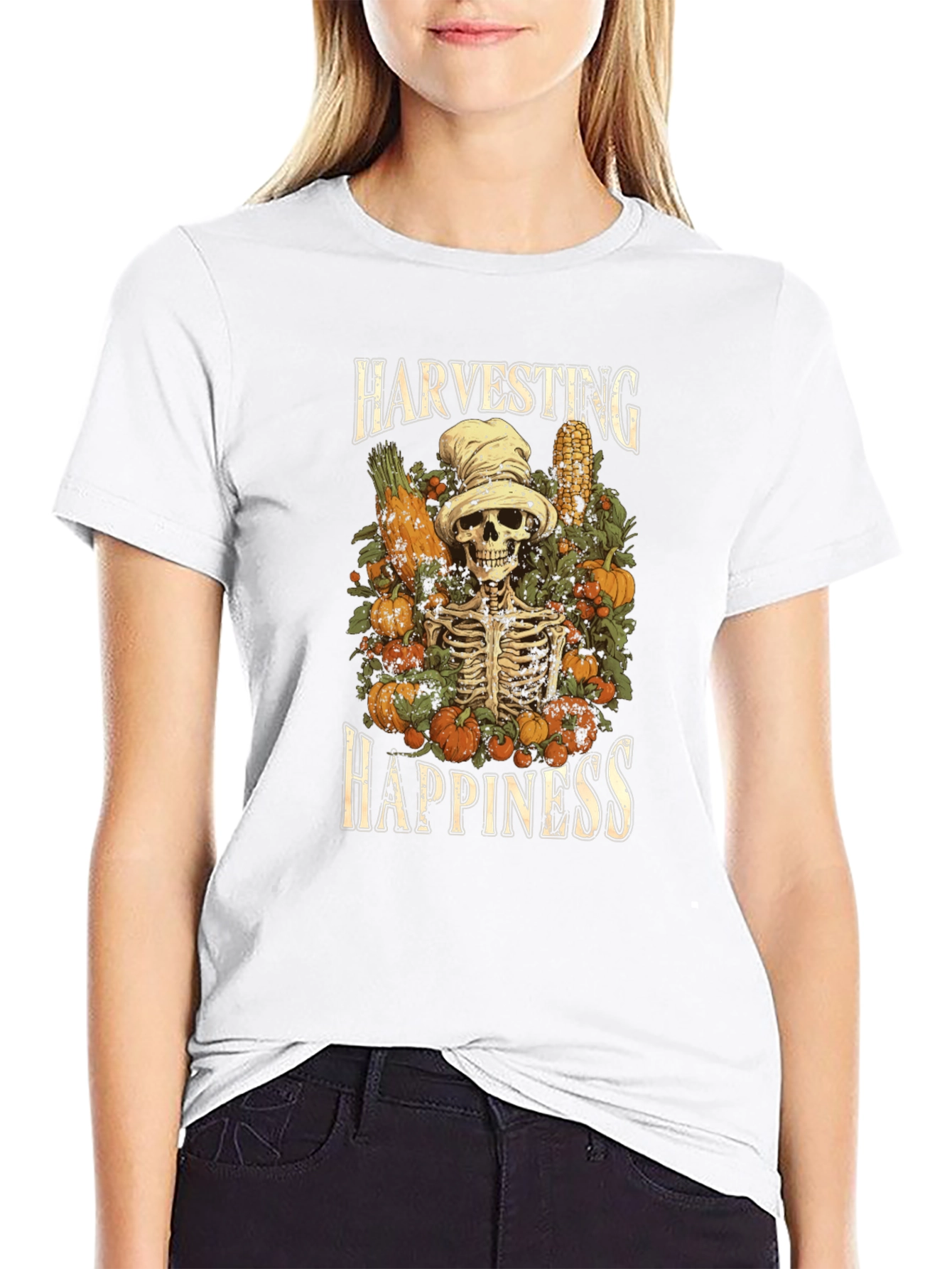 Harvest Happiness Skeleton Graphic T-Shirt