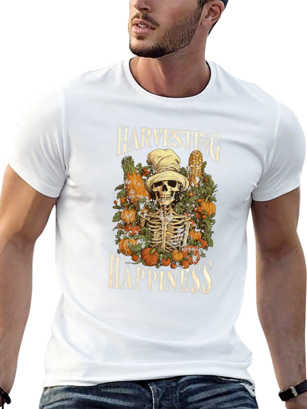 Harvest Happiness Skeleton Graphic T-Shirt