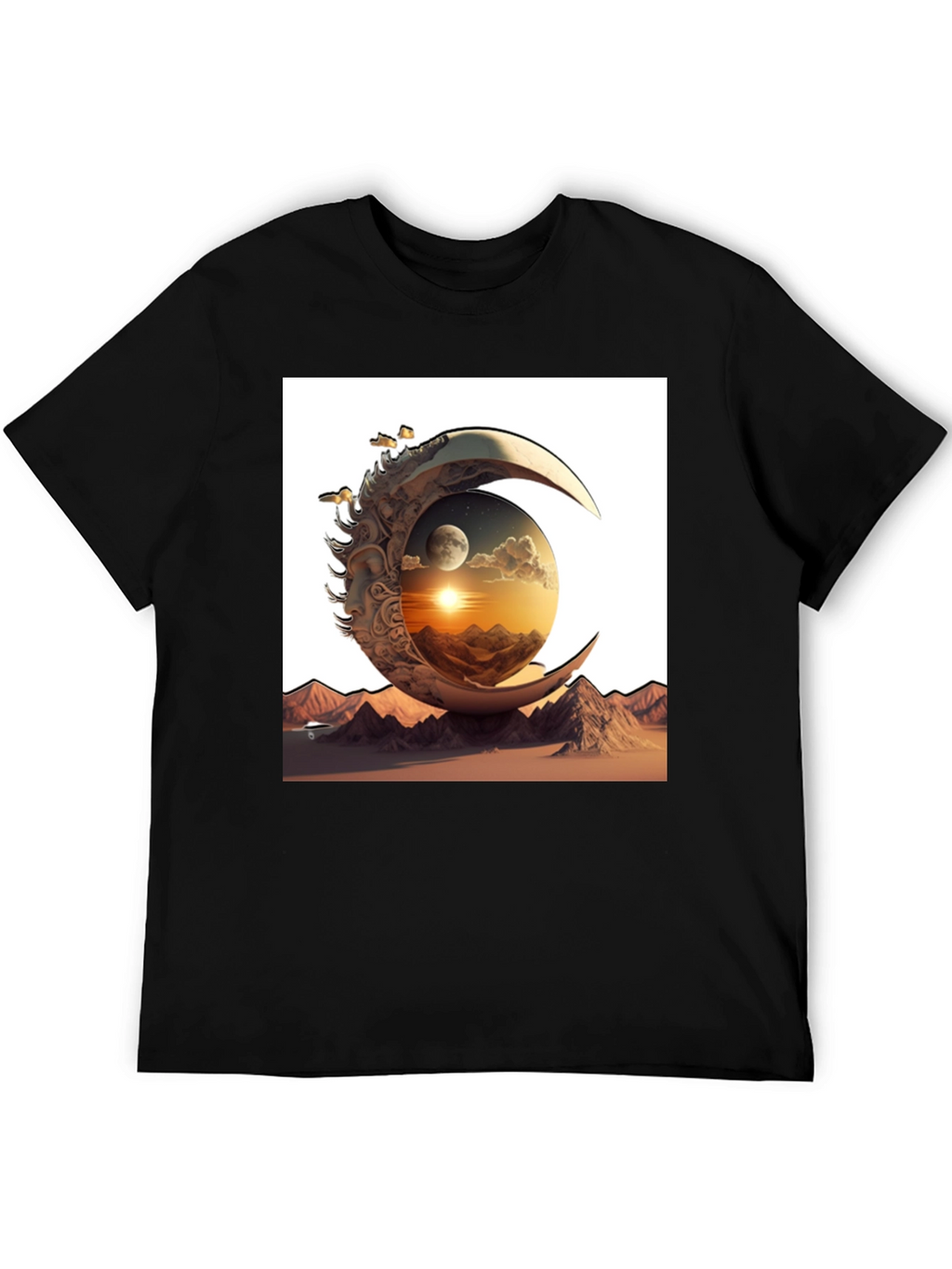 Celestial Moon & Mountain Graphic Tee - Black