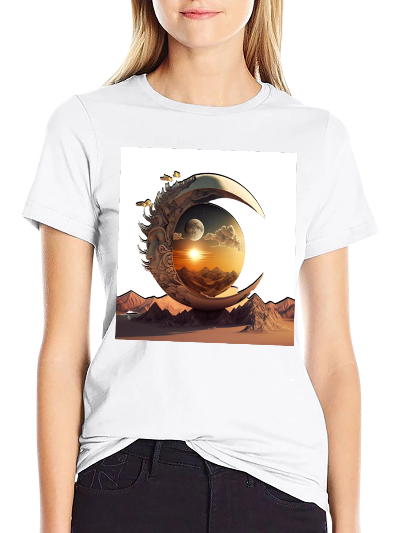 Celestial Moon & Mountain Graphic Tee - Black