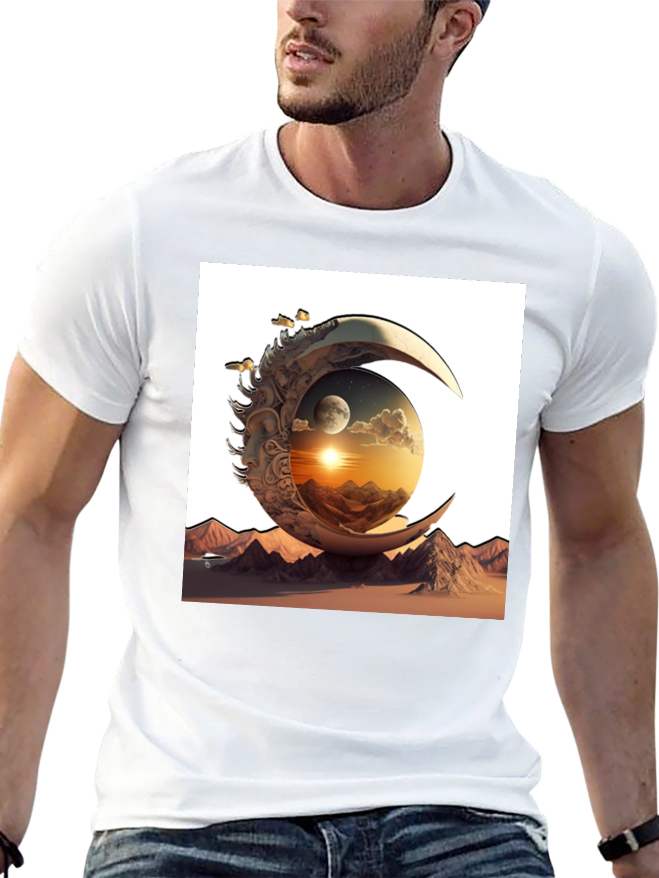 Celestial Moon & Mountain Graphic Tee - Black