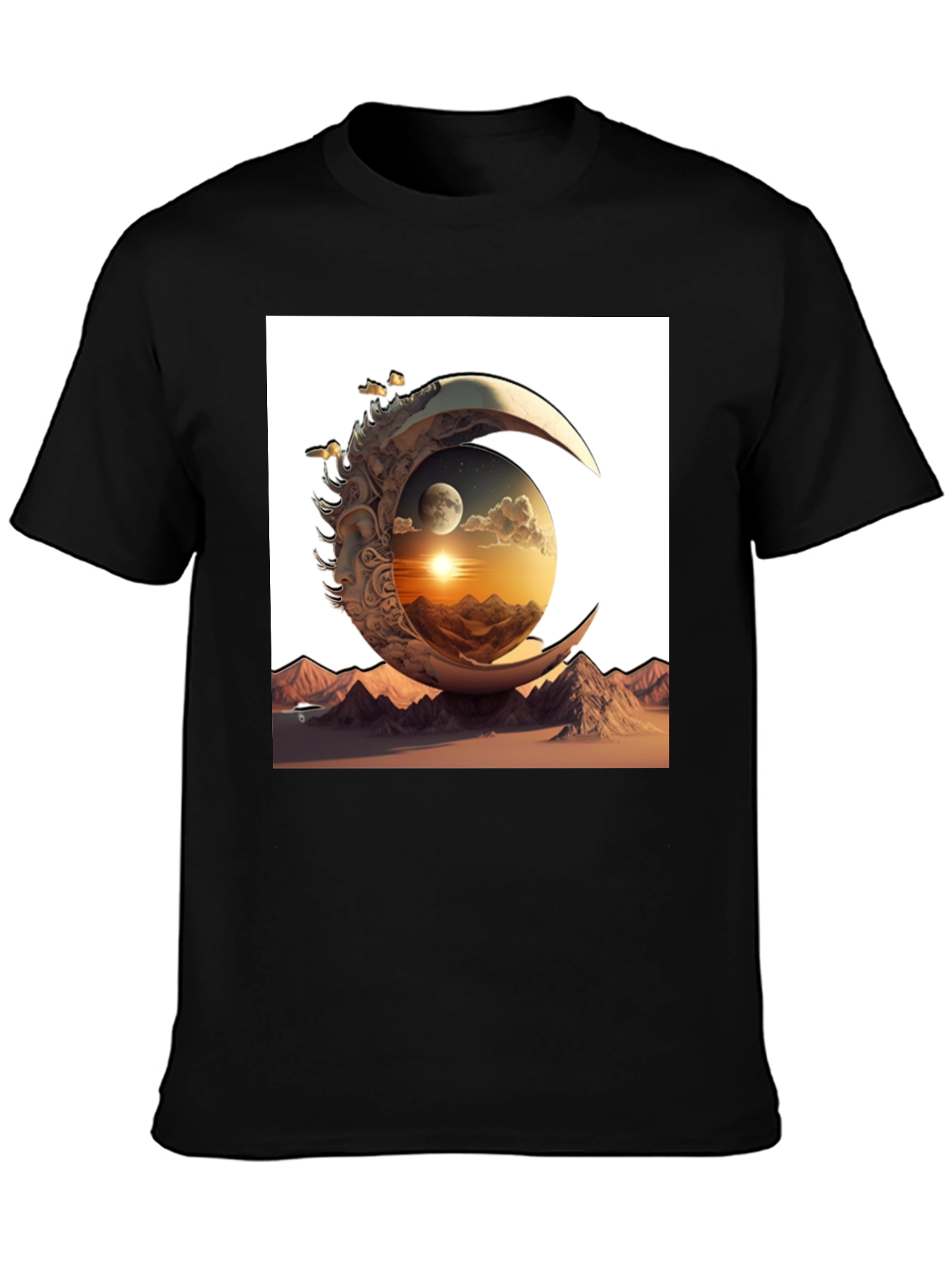 Celestial Moon & Mountain Graphic Tee - Black