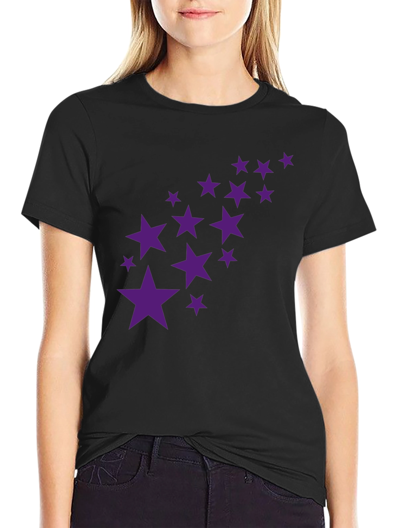 Black Tee with Purple Star Cluster Design