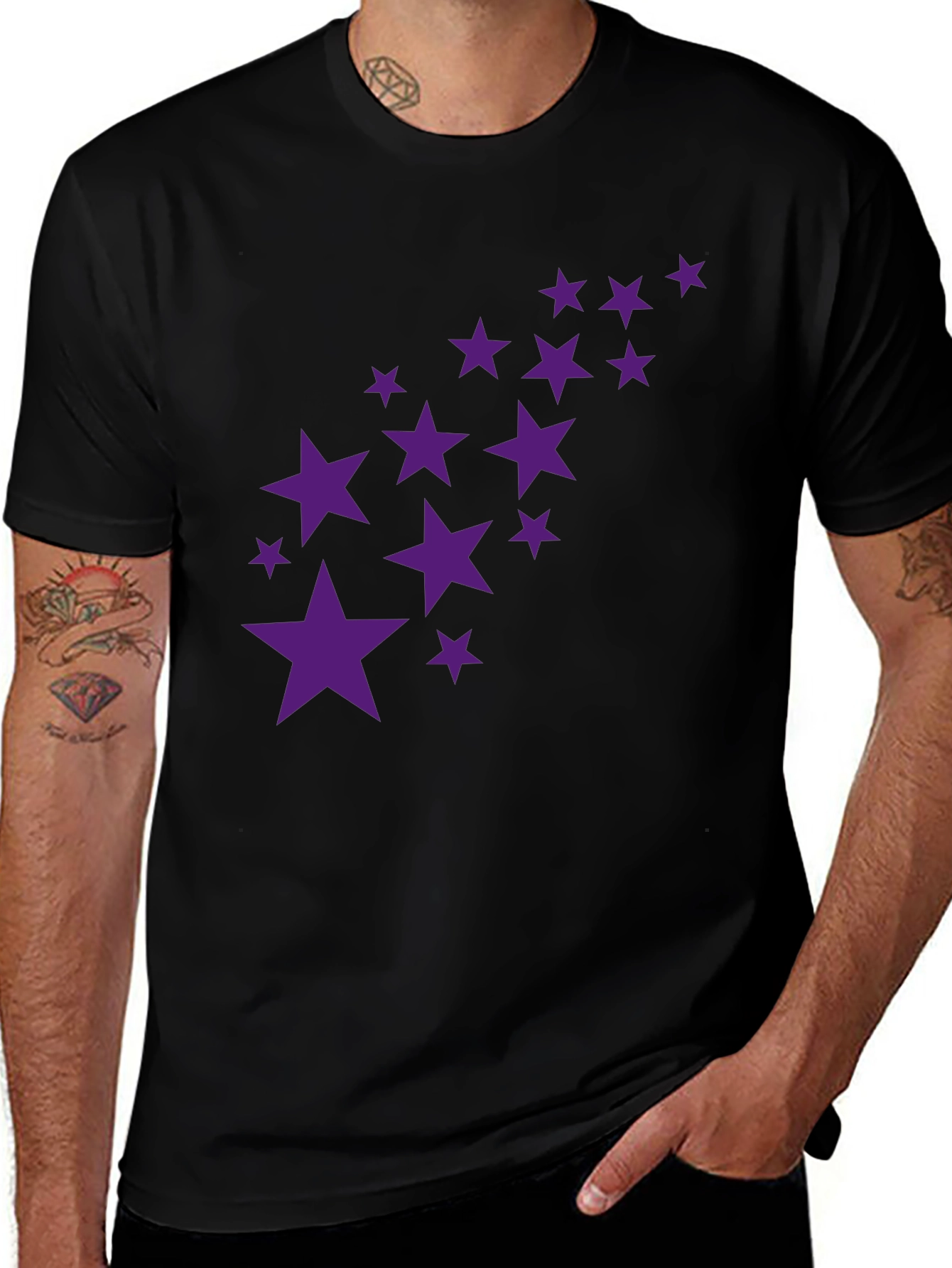Black Tee with Purple Star Cluster Design