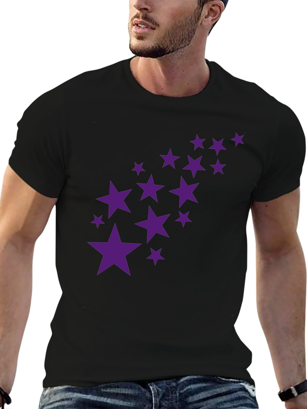 Black Tee with Purple Star Cluster Design