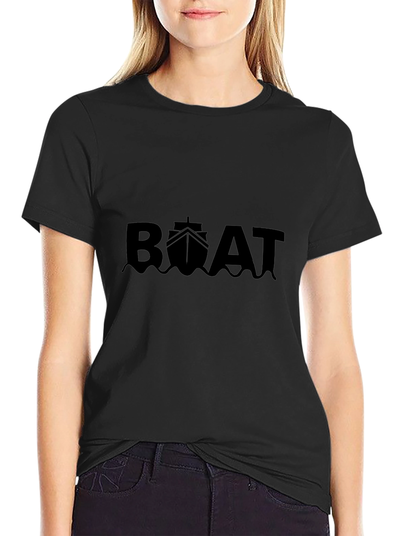 Boat Graphic Tee - Black Cotton T-Shirt
