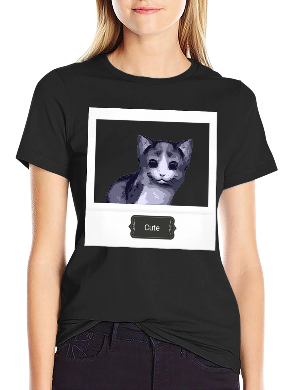 Cute Cat Polaroid T-Shirt - Black