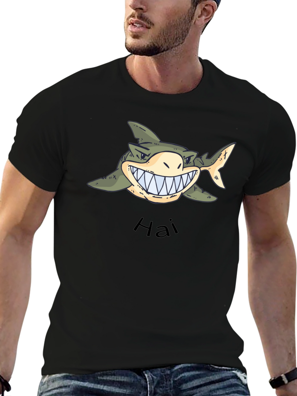 Mens Black Graphic Tee - Shark Hai Design
