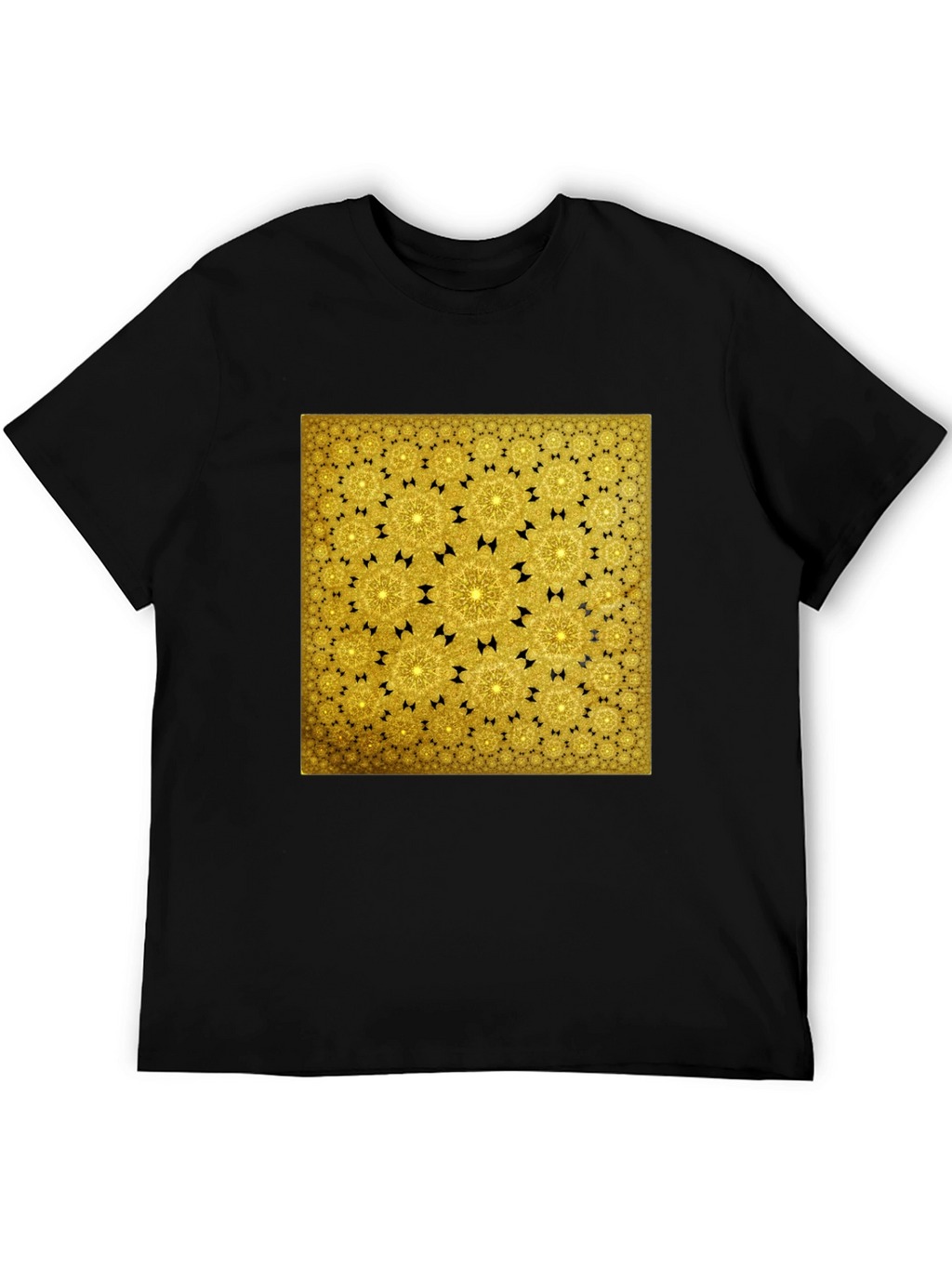 Golden Fractal Pattern Black T-Shirt