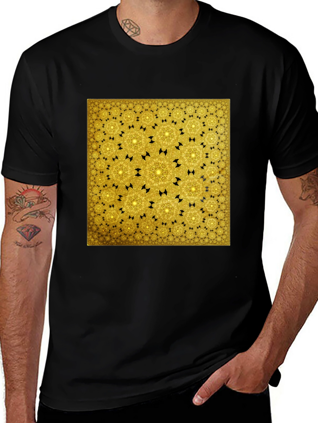 Golden Fractal Pattern Black T-Shirt