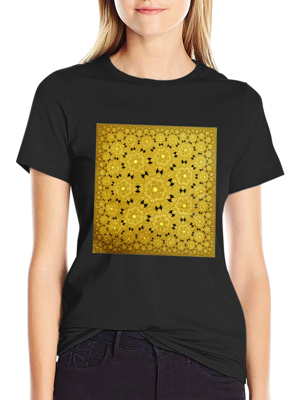Golden Fractal Pattern Black T-Shirt