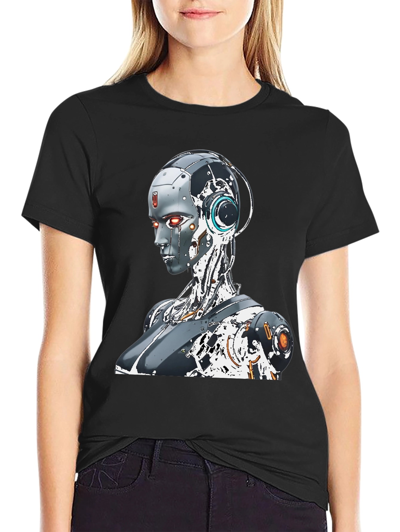 Cyberpunk Robot Graphic Tee - Black Cotton Shirt