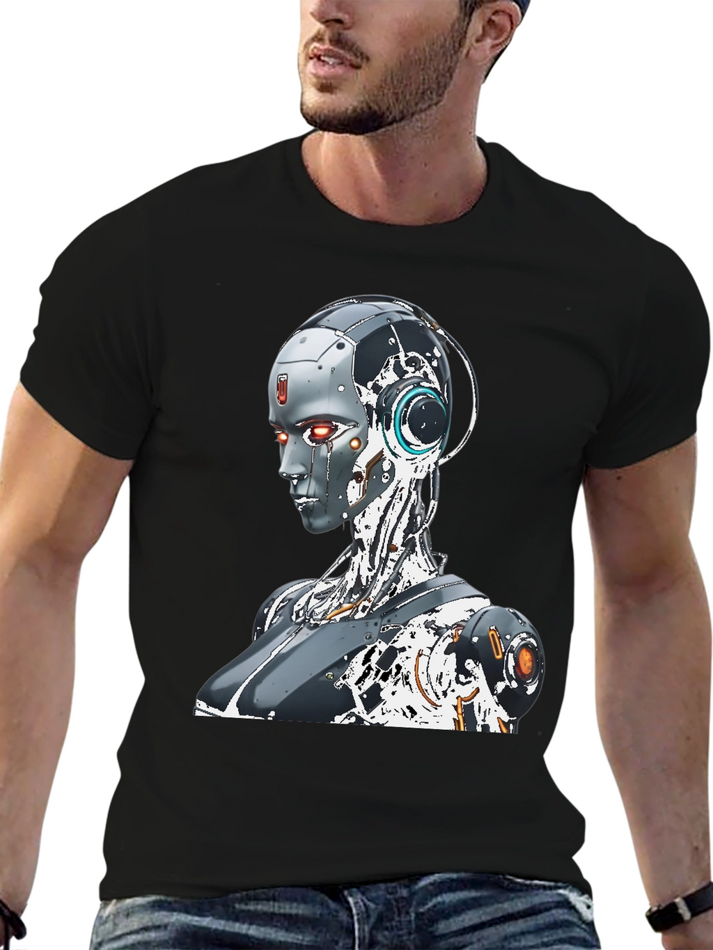 Cyberpunk Robot Graphic Tee - Black Cotton Shirt
