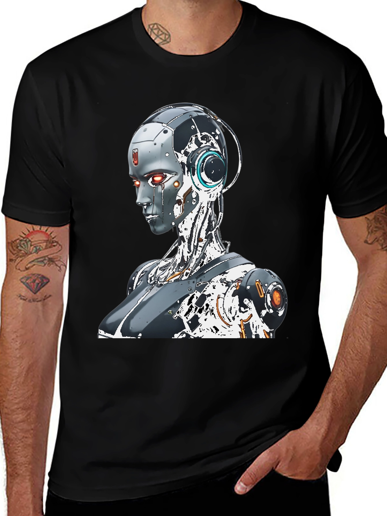 Cyberpunk Robot Graphic Tee - Black Cotton Shirt