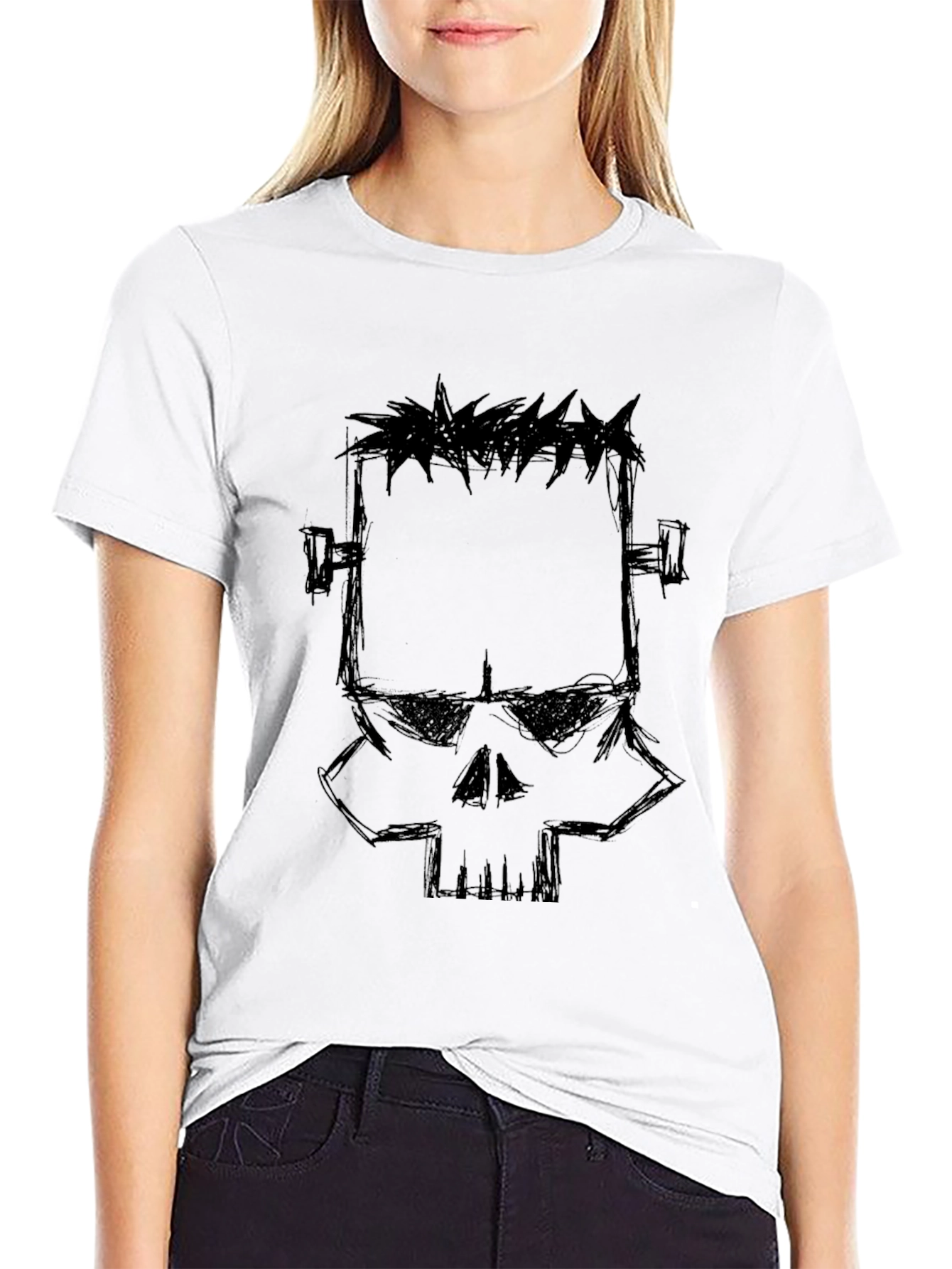 Frankenstein Skull Graphic Black T-Shirt