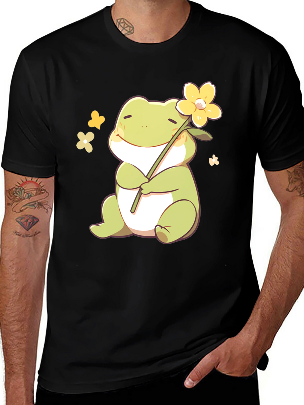 Cute Frog with Flower Black T-Shirt