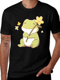Cute Frog with Flower Black T-Shirt