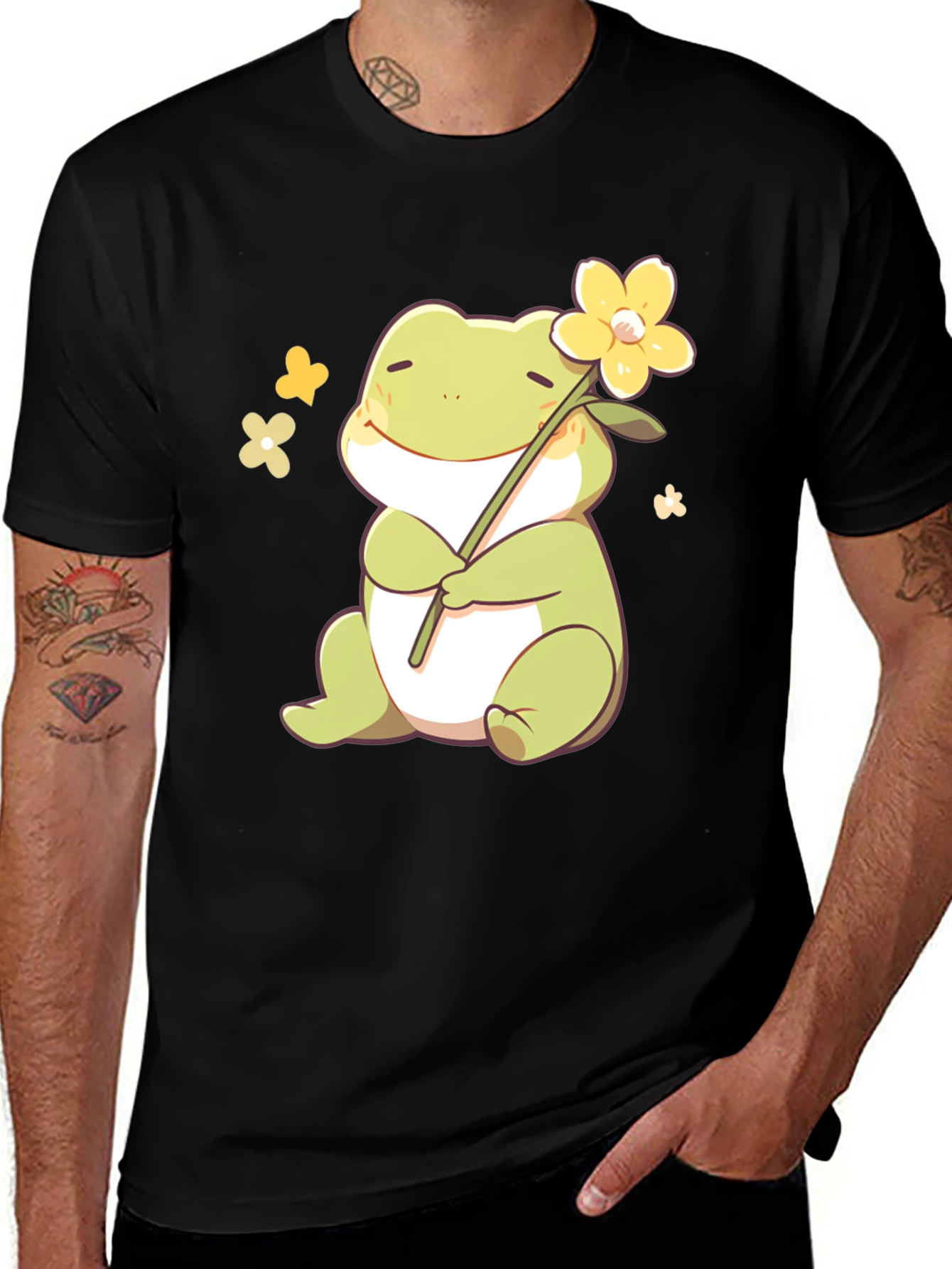 Cute Frog with Flower Black T-Shirt