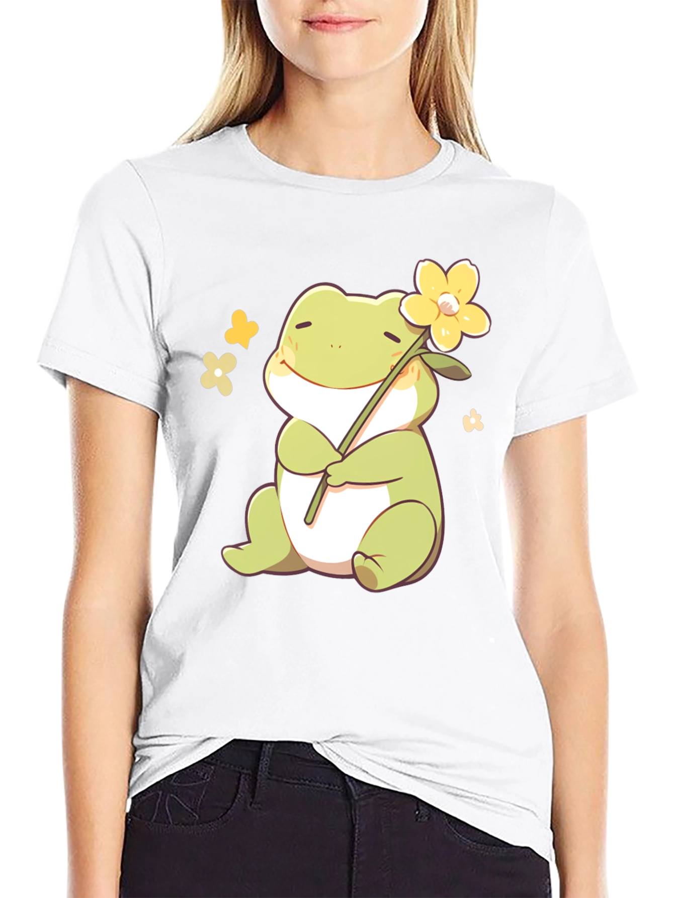 Cute Frog with Flower Black T-Shirt